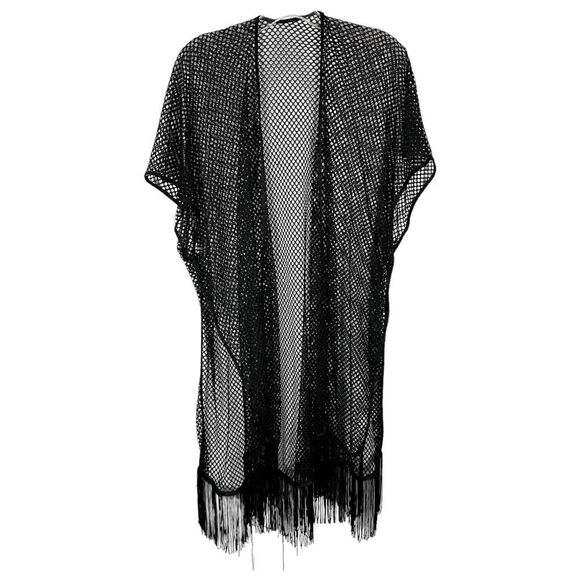 Just Be One Size Swim Cover Up Mesh Tasseled Black Swimwear Short Sleeve 1222 - Picture 7 of 7